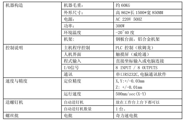 全自動打螺絲機技術參數(shù)